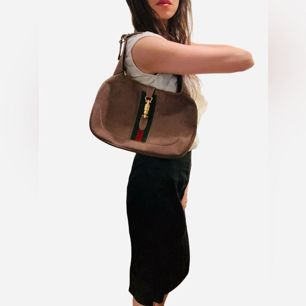 Gucci Jackie Tan Suede Hobo Bag with Green and Red Stripe piston lock - Picture 15 of 16